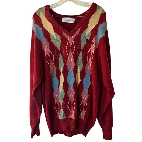 Lyle & Scott 100% Pure Lambswool Argyle V Neck Burgundy Sweater Vintage Sz M Log - Picture 1 of 5